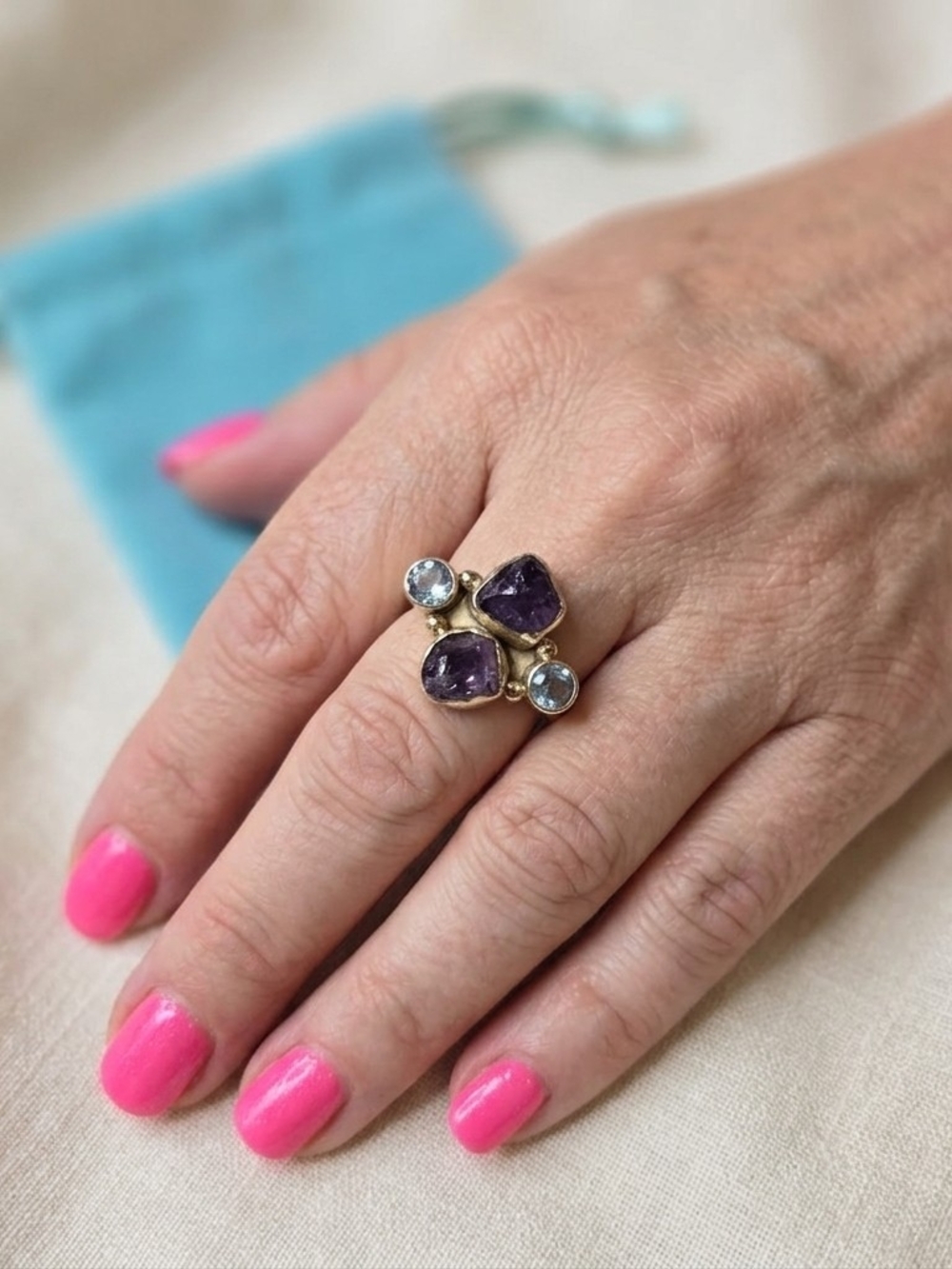 Sterling Silver .925 Amethyst & Blue Topaz Chunky Adjustible Ring .925